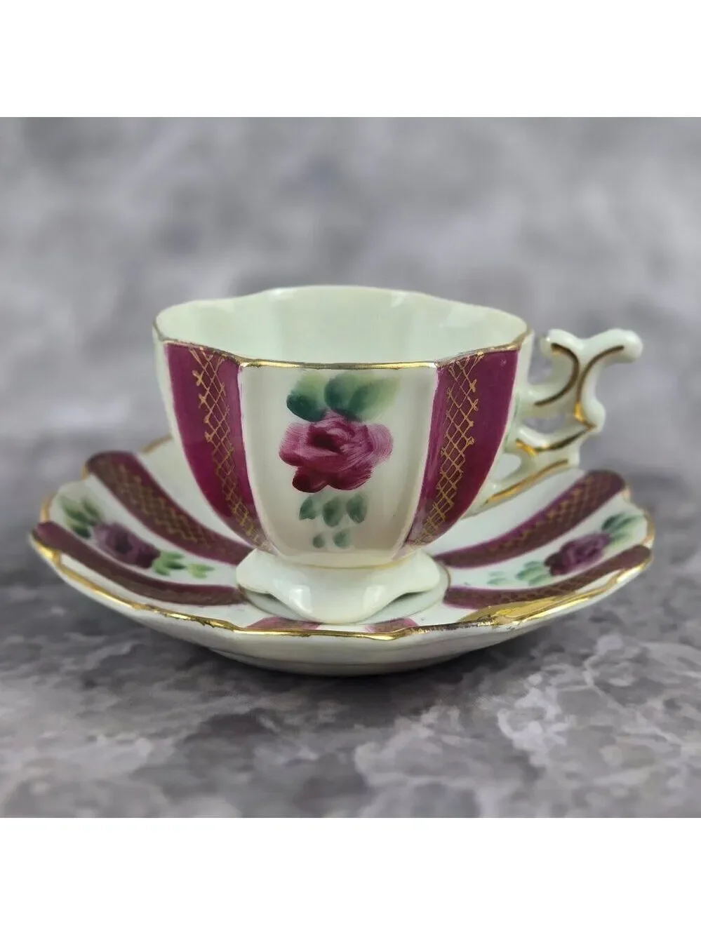 Vintage Bone China Demitasse Cup Saucer Rose Pink White Gold Hand Painted Japan